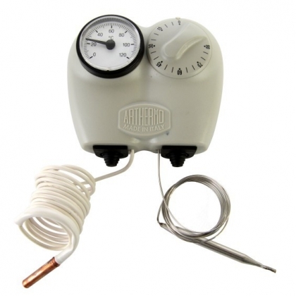 Boxed adjustable thermostat 0/90°C 1500 mm capillary, with control thermometer 0/120°C 1500 mm capillary
